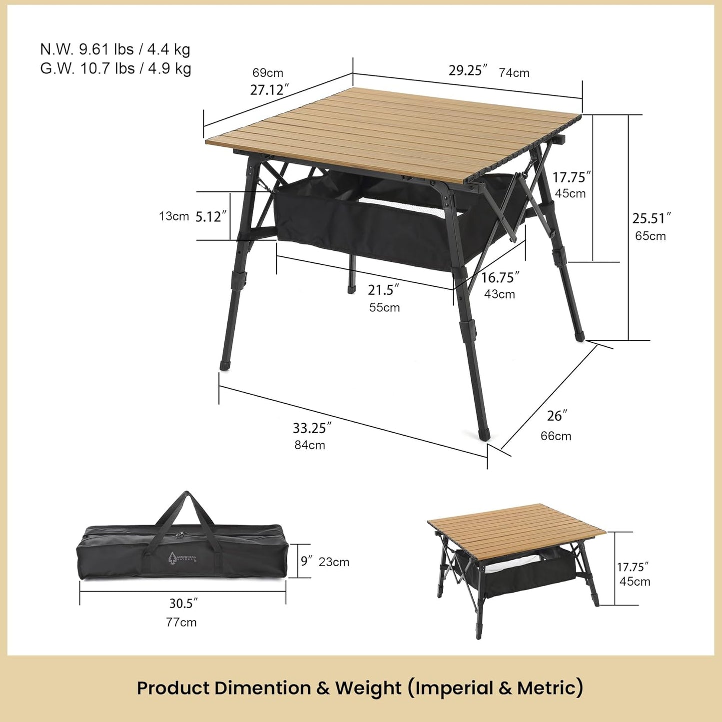 ARROWHEAD OUTDOOR 39" Aluminum Folding Camping Roll Up Table with Adjustable Height - With Storage and Carrying Bag