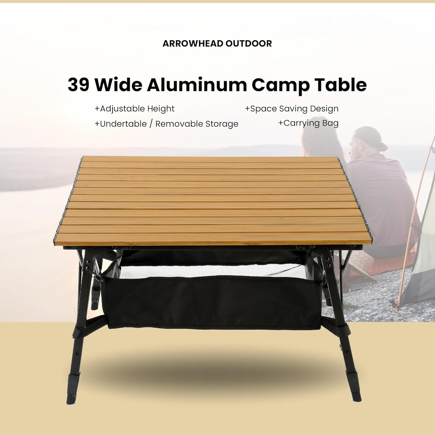 ARROWHEAD OUTDOOR 39" Aluminum Folding Camping Roll Up Table with Adjustable Height - With Storage and Carrying Bag