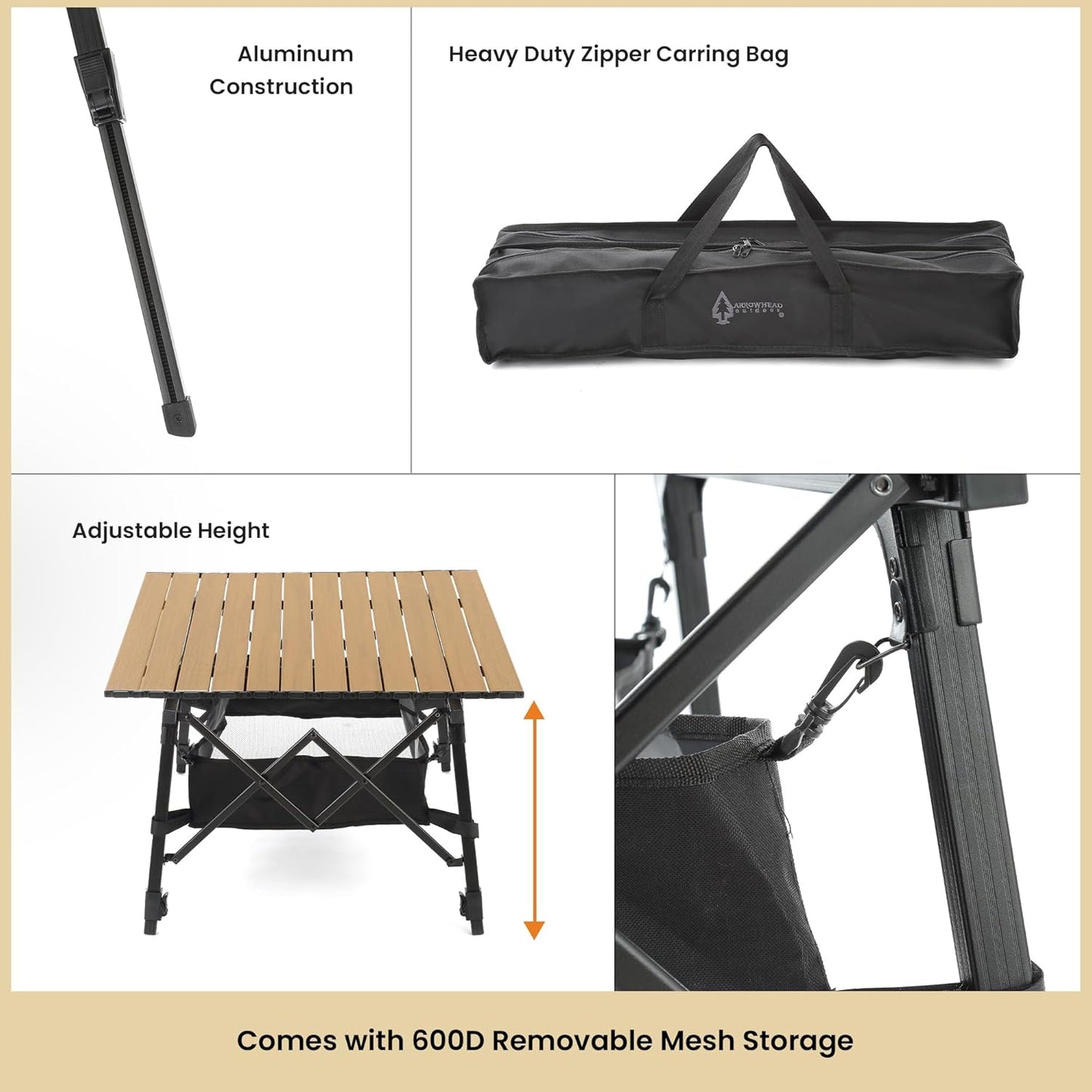 ARROWHEAD OUTDOOR 39" Aluminum Folding Camping Roll Up Table with Adjustable Height - With Storage and Carrying Bag
